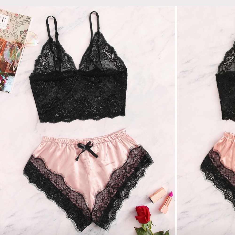 Floral Lace Bralette with Satin Shorts